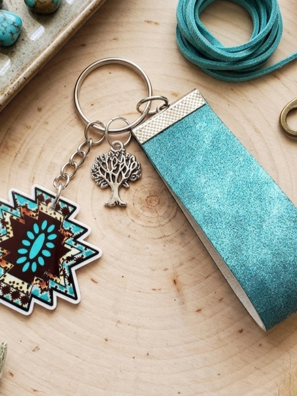 Southwestern Turqouise Aztec Blue Faux Suede Strap Silver Tree Charm Keychain